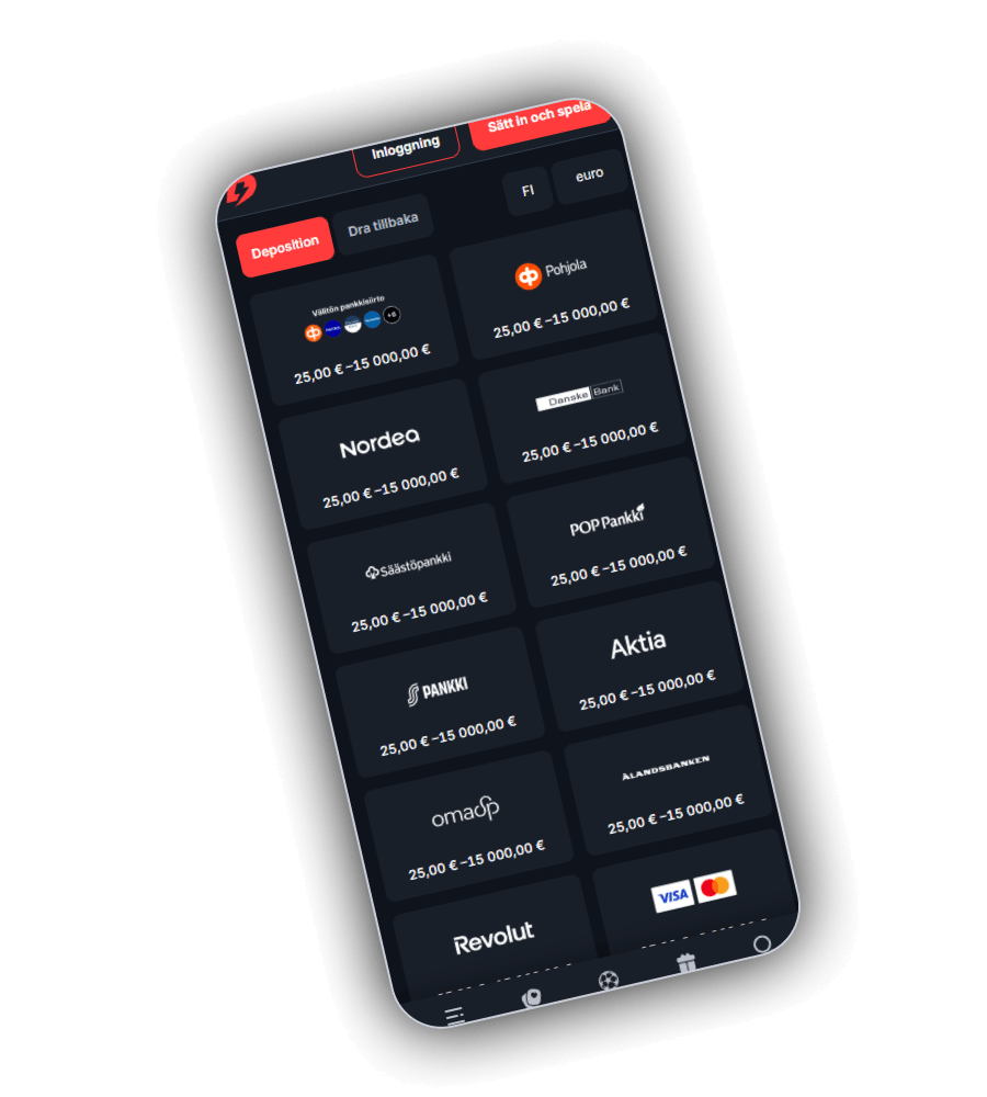 Kassan hos BetBay i mobilen med flikarna Deposition och Dra tillbaka, landet FI och valutan euro, och korten Välitön pankkisiirto, Pohjola, Nordea, Danske Bank, Säästöpankki, POP Pankki, S-Pankki, Aktia, OmaSP, Ålandsbanken, Revolut samt Visa och Mastercard, alla med gränserna 25 till 15 000 euro