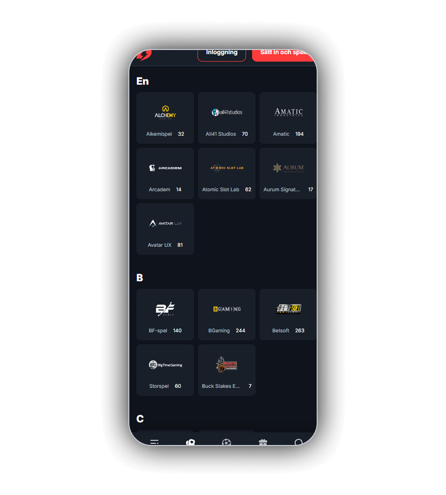 Leverantörslistan hos BetBay i mobilen med bokstaven A, översatt till En, och korten Alkemispel 32, All41 Studios 70, Amatic 194, Arcadem 14, Atomic Slot Lab 62, Aurum Signature 17 och Avatar UX 81, och under bokstaven B korten BF-spel 140, BGaming 244, Betsoft 263, Storspel 60 och Buck Stakes Entertainment 7